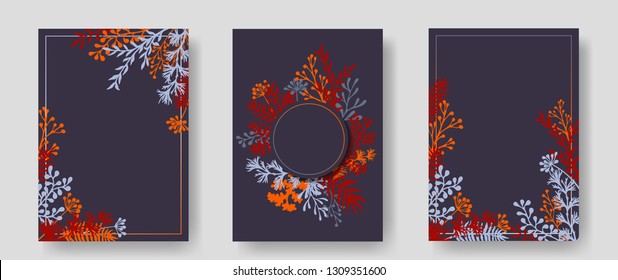 Vector invitation cards with herbal twigs and branches wreath and corners border frames. Rustic vintage bouquets with fern fronds, mistletoe twigs, willow, palm branches in red.