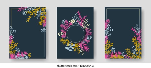 Vector invitation cards with herbal twigs and branches wreath and corners border frames. Rustic vintage bouquets with fern fronds, mistletoe twigs, willow, palm branches in pink.