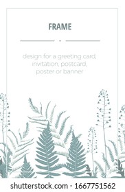 Vector invitation cards with herbal twigs and corners border frames. Rustic vintage bouquets with fern fronds, mistletoe twigs, willow, palm branches in mint colors.