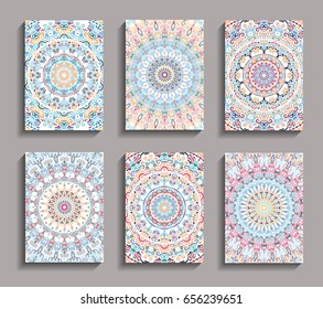 Vector Invitation cards set. Mandala design elements. Invite templates A6. Colorful round ornaments. Flower greetings, thank you notes. Weave floral pattern. Unusual yellow pink blue backgrounds.