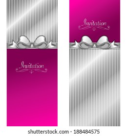 Vector invitation cards with silver bow and pink background