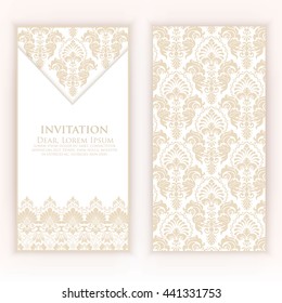 Vector invitation, cards or wedding card with damask background and elegant floral elements. Arabesque style design. Elegant floral abstract ornaments. Design element. eps10