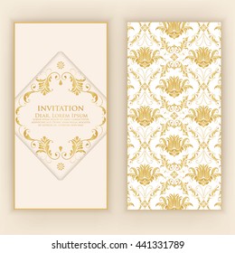 Vector invitation, cards or wedding card with damask background and elegant floral elements. Arabesque style design. Elegant floral abstract ornaments. Design element. eps10