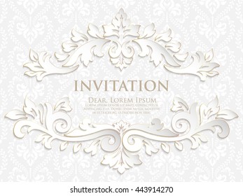 Vector invitation, cards or wedding card with damask background and elegant floral elements. Arabesque style design. Elegant floral abstract ornaments. Design element. eps10
