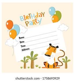 Vector invitation for children's birthday. Tropical party. Cartoon tiger. Cartoon character. time, date, address.
