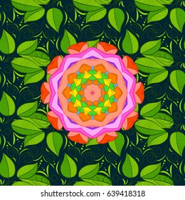 Vector invitation with colored mandala design element. Luxury floral pattern. Unusual greeting in oriental boho chic style. Round flower ornament. Decorative vintage print. Square invite template.