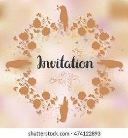 Vector invitation design with brushpen lettering and golden colored silhouettes of roses, birds, and butterflies, on a blurred pastel background with watercolor splashes