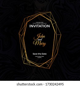 Vector invitation design with polygonal frame and marble background.