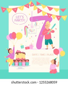 Vector invitation  design template for birthday party with bd cake, garlands, pinata, gifts, balloons, big 7 and happy kids characters. Flat cartoon style. Party poster, card, banner illustration.