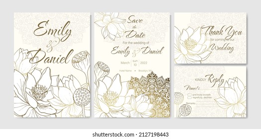 Vector Invitation design template with Mandala and lotus. Golden exotic pattern for floral Wedding card, Save the date, Thank you, Rsvp postcard. 