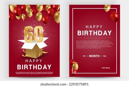 Tarjeta doble de invitación de vectores para la celebración de cumpleaños número 60. Folleto de la celebración del sexagésimo aniversario. Plantilla de invitación para impresión.