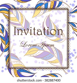 Vector invitation with feathers colorful