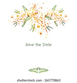Vector invitation with floral frame - hand drawn mimosa and watercolor paint splashes