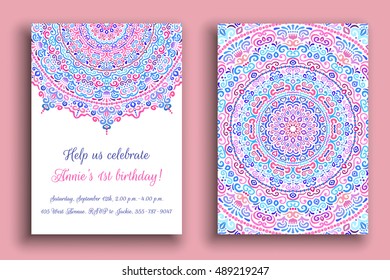 Vector invitation. Flourish mandala birthday greeting template. Colorful pattern, luxury round ornament on white background. Decorative oriental design elements. Copy space for text. 5 to 7 ratio A5.