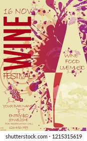 Vector invitation or flyer with stylized champagne bottle and glass & SPLASHES for wine list. Grunge style cover. WINE bottle, grapes and splashes pattern. Poster, alcohol promotion design EPS 10