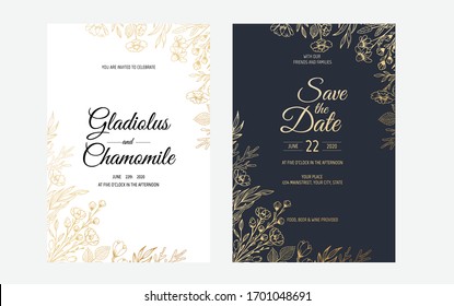 Vector invitation with gold floral elements. Luxury ornament template. greeting card, invitation design background.