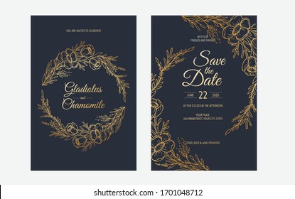 Vector invitation with gold floral elements. Luxury ornament template. greeting card, invitation design background.