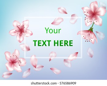 Vector invitation or greeting card design with pink flowers and place for text on blue background. Editable template. Spring design for invitation or greeting card with flowers and falling petals.
