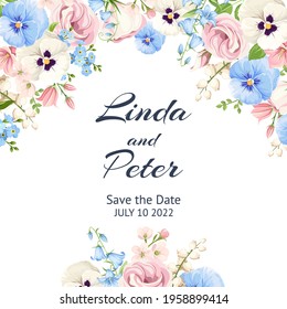 Vector invitation or greeting card with pink, blue and white pansy flowers, lisianthus flowers and forget-me-not flowers.