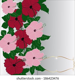 Vector invitation greeting card with red and pink hand drawn hibiscuses