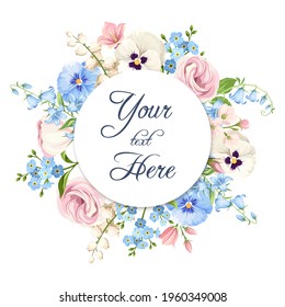 Vector invitation or greeting circle card with pink, blue and white pansy flowers, lisianthus flowers and forget-me-not flowers.