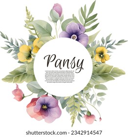 Vector invitation or greeting circle card with yelow and violet pansy flowers, lisianthus flowers and forget-me-not flowers. Vector