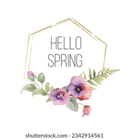 Vector invitation or greeting circle card with yelow and violet pansy flowers, lisianthus flowers and forget-me-not flowers. Vector