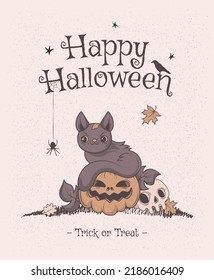 Vector invitation for Halloween parties or greeting cards with traditional symbols.  Hand drawn vector cartoon doodle. Black cute cat sits on a pumpkin.