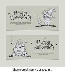 Vector invitation for Halloween parties or greeting cards with traditional symbols. Cute bat next to a mushroom. Cauldron of potions. Hand drawn vector cartoon doodle.