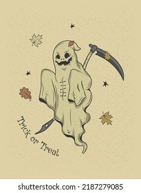 Vector invitation for Halloween parties or greeting cards with traditional symbols. Scary ghost with a scythe. Hand drawn vector cartoon.