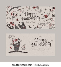 Vector invitation for Halloween parties or greeting cards with traditional symbols. Cute bat next to a mushroom. Hand drawn vector cartoon.