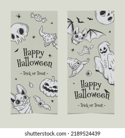 Vector invitation for Halloween parties or greeting cards with traditional symbols. Hand drawn vector cartoon.