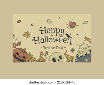 Vector invitation for Halloween parties or greeting cards with traditional symbols.  Hand drawn vector cartoon.