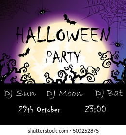 vector invitation to halloween party with moon, bat, trees and place for party information