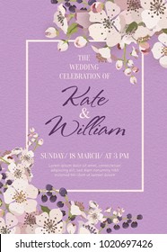 Invitación vectorial con elementos florales hechos a mano. Ramas floridas sobre un fondo lila. Colección de Bodas Modernas. Una invitación de primera para la fiesta. Ilustración vectorial.