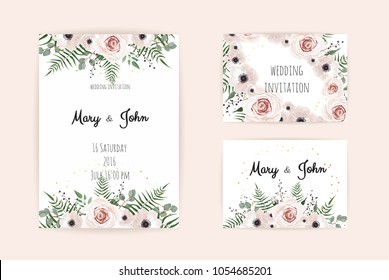 Vector invitation with handmade floral elements. Wedding invitation cards with floral elements.