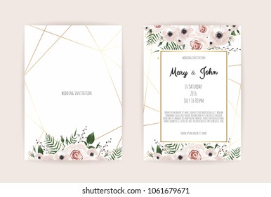 Vector invitation with handmade floral elements. Wedding invitation cards with floral elements.
