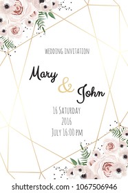 Vector invitation with handmade floral elements with polygonal frame.. Wedding invitation cards with floral elements.
