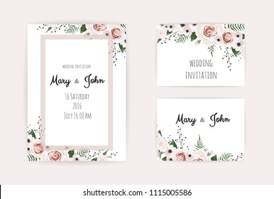 Vector invitation with handmade floral elements. Wedding invitation cards with floral elements.