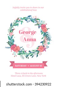 Vector   invitation with handmade floral elements and beautiful letters. Wedding Collection. Gentle hipster invitation to the feast.