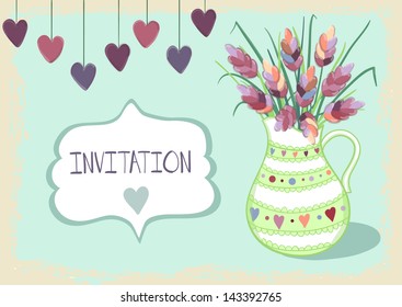 Vector invitation with hearts and jar with flowers lavender on the blue background