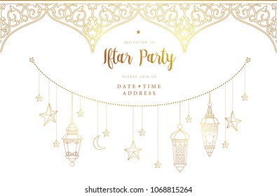 Vector invitation to Iftar party celebration. Gold banner with lanterns, calligraphy, moon for Ramadan wishing. Arabic lamps. Decor in Eastern style. Card for Muslim feast of the holy of Ramadan month