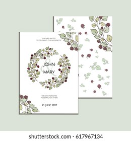 Vector invitation with leaves and berries of raspberries . Modern Wedding collection. Thank you card, save the date cards, menu, banner template.