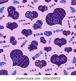 Vector. Invitation, menu, flyer, template. Neutral, violet and white colors on background With Ornaments, Hearts. Love. Be my Valentine. Seamless Happy valentines day and wedding design elements.