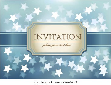 Vector invitation on blue glittering background in hearts