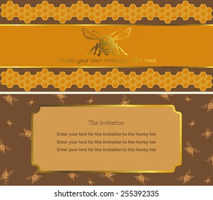Vector invitation on the first side on a brown background of flying bees, shows orange stripe framed gold into thin strips, illustrated bee sitting with text underneath, over an orange stripe and