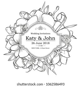 Vector invitation with orchid flowers for wedding