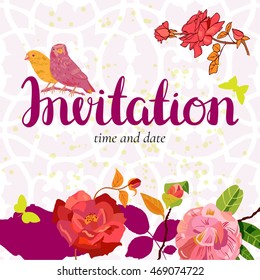 A vector invitation with an ornament in the background, with vintage style roses, birds and butterflies, with the handwritten word 'Invitation' and a place for your text