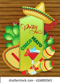 Vector invitation to a party for a holiday of Cinco de Mayo. Guitar and cactus behind the sewn parchment, maracas and a glass of drink in front. On a wooden background.