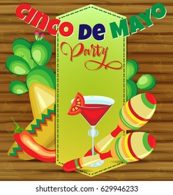 Vector invitation to a party for a holiday of Cinco de Mayo. Sombrero and cactus behind the sewn parchment, maracas and a glass of drink in front. On a wooden background.